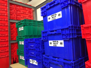 WFA shipping totes ready for their next course.